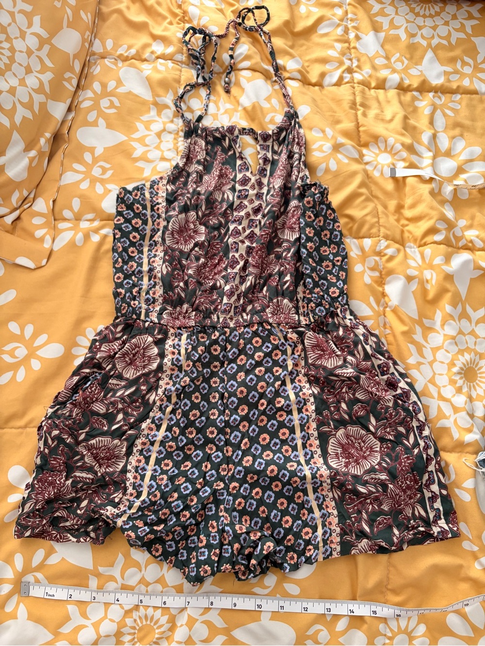 Floral Patchwork Spaghetti-Strap Romper in Black and Burgundy